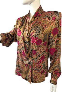Vintage Jerri Sherman Silk Paisley Blouse Sz 12 Boho Bronze/Gold Statement Top